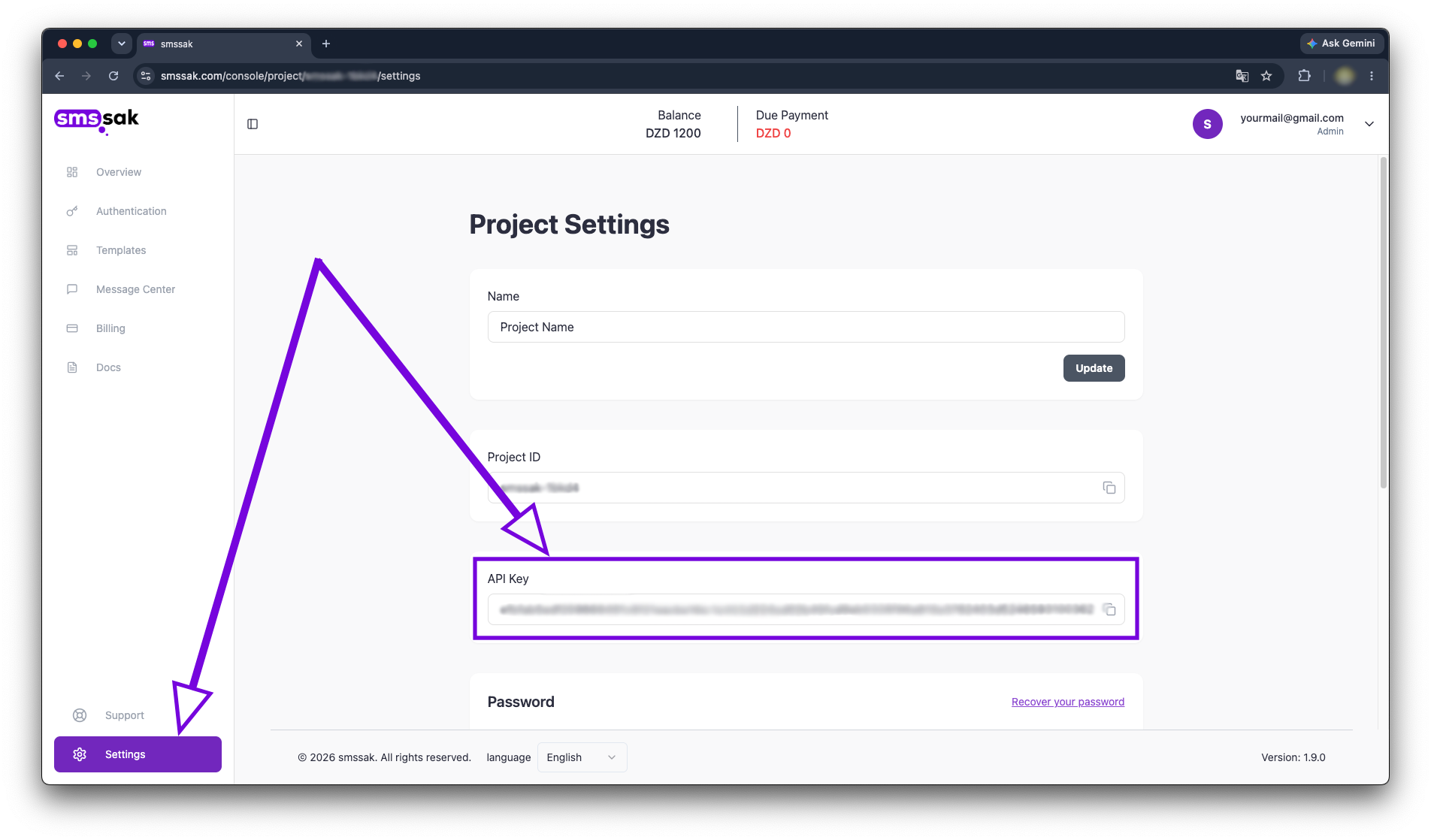 smssak console Settings page with API Key highlighted