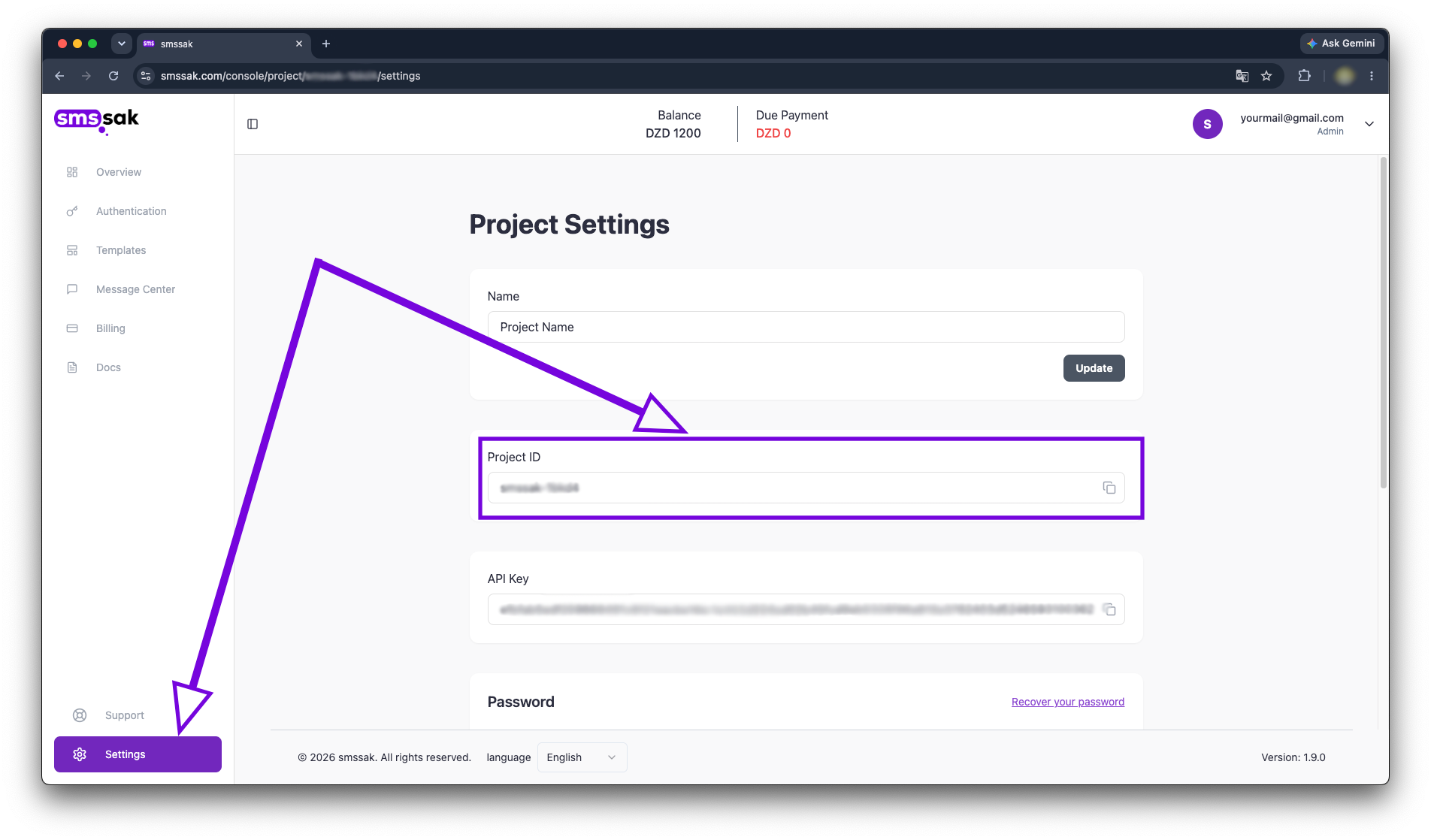 smssak console Settings page with Project ID highlighted